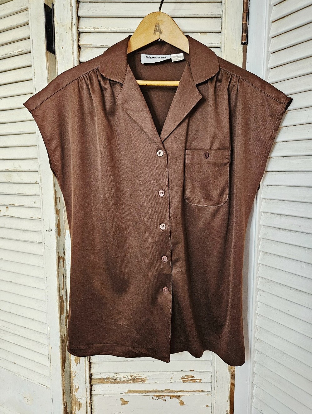Vintage 70s Chocolate Brown Cap Sleeve Gathered Shoulder Blouse Medium